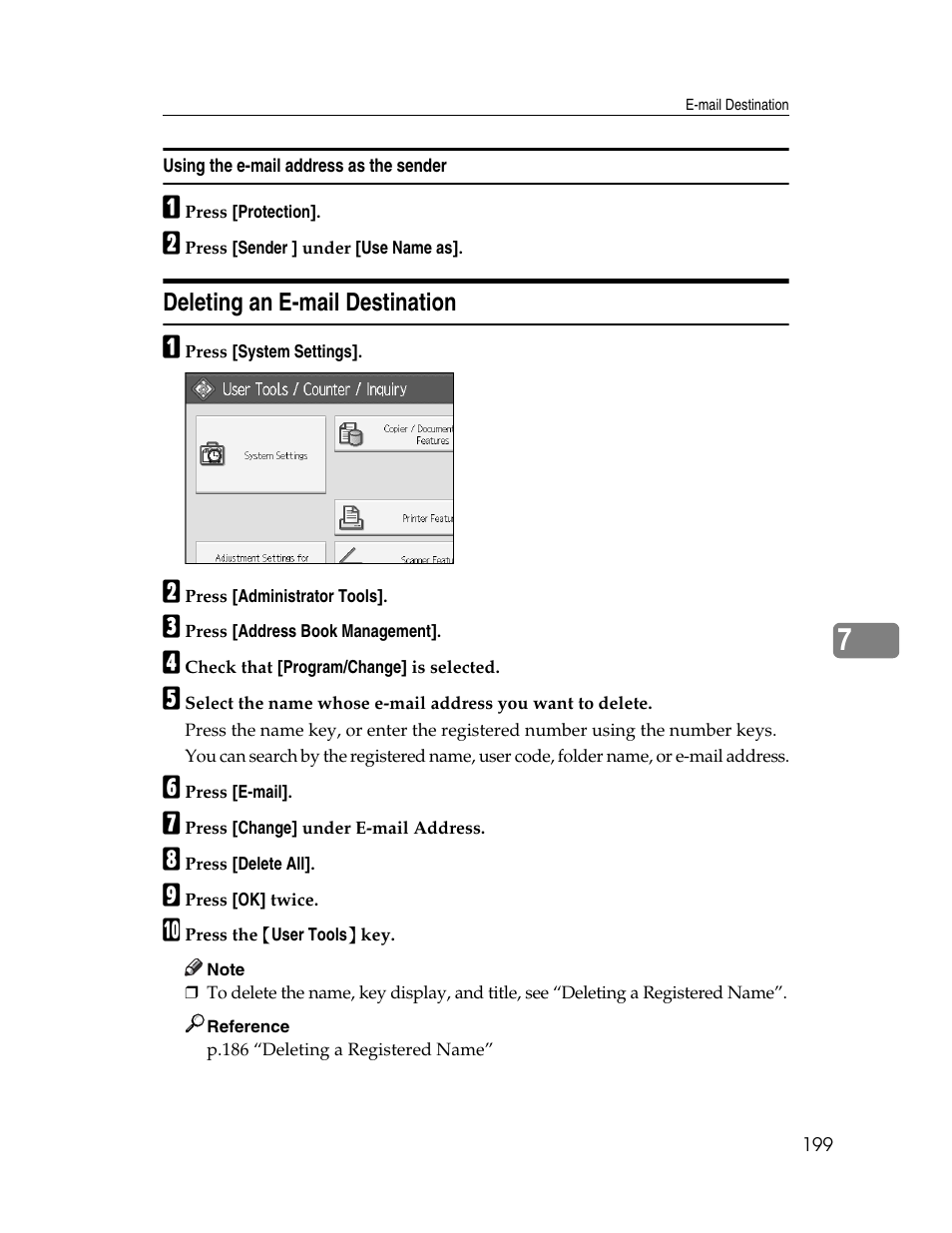 Using the e-mail address as the sender, Deleting an e-mail destination | Microsoft PRO 906EX User Manual | Page 207 / 298