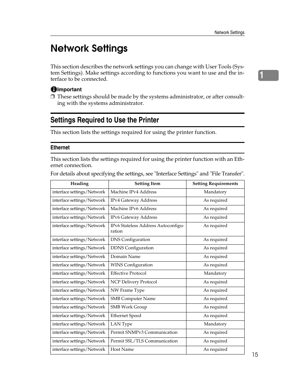 Network settings, Settings required to use the printer, Ethernet | 1network settings | Microsoft PRO 906EX User Manual | Page 23 / 298