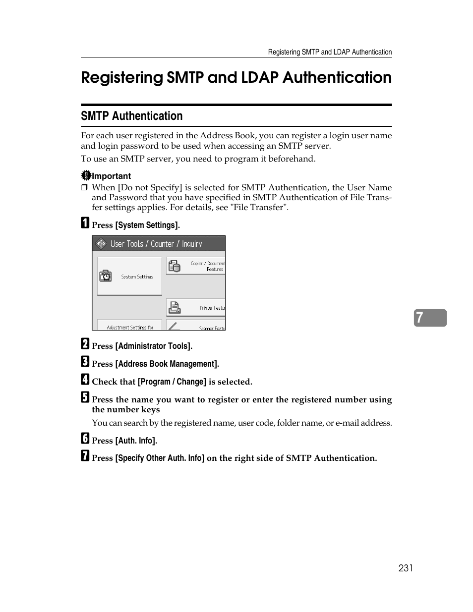 Registering smtp and ldap authentication, Smtp authentication, 7registering smtp and ldap authentication | Microsoft PRO 906EX User Manual | Page 239 / 298