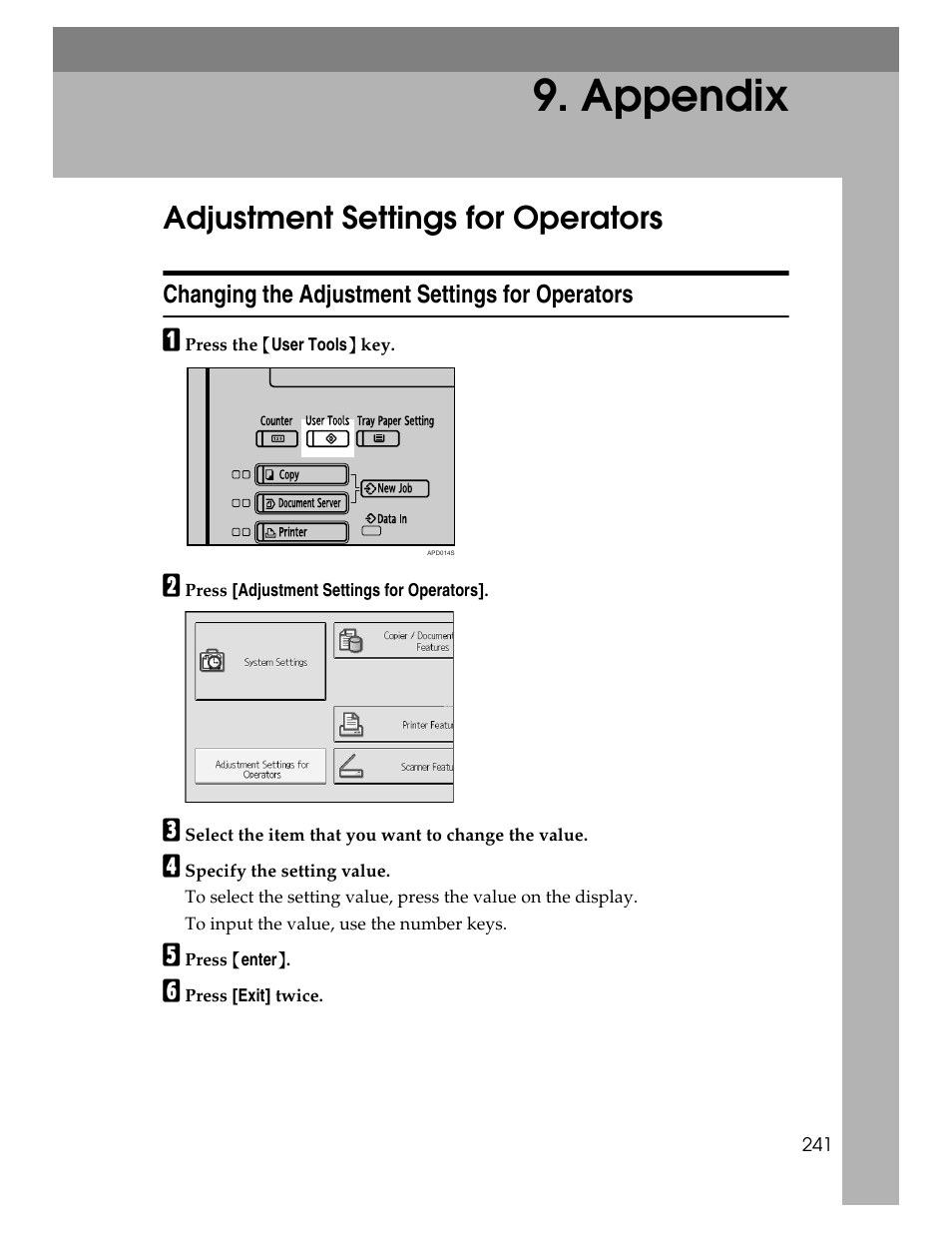 Appendix, Adjustment settings for operators, Changing the adjustment settings for operators | Microsoft PRO 906EX User Manual | Page 249 / 298