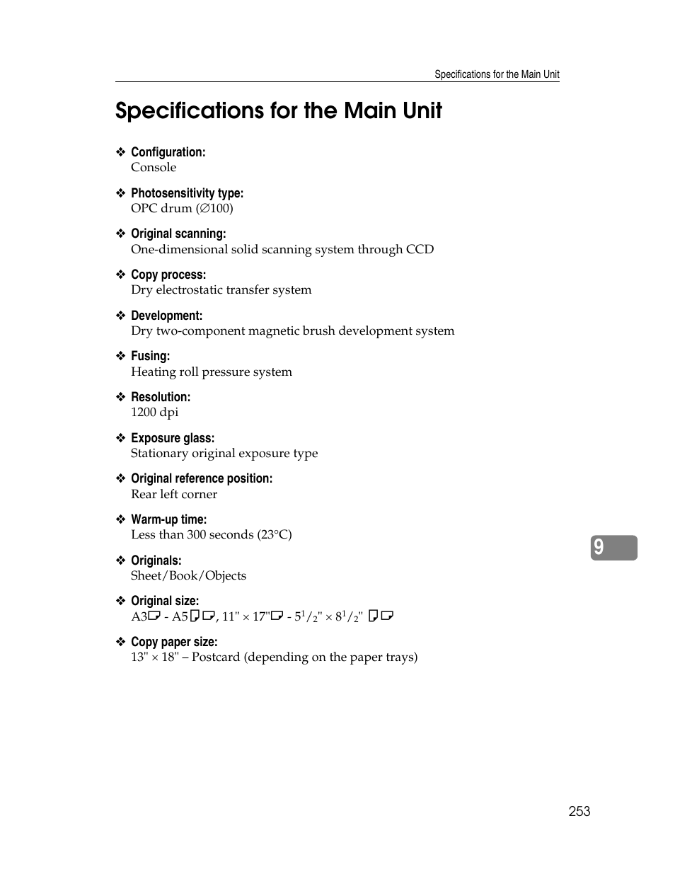 Specifications for the main unit, 9specifications for the main unit | Microsoft PRO 906EX User Manual | Page 261 / 298