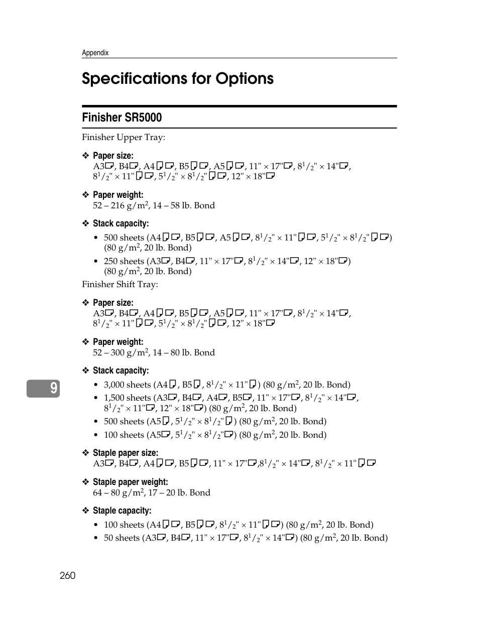 Specifications for options, Finisher sr5000, 9specifications for options | Microsoft PRO 906EX User Manual | Page 268 / 298
