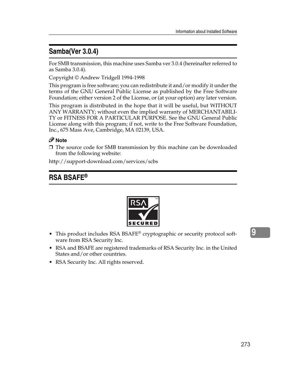 Samba(ver 3.0.4), Rsa bsafe | Microsoft PRO 906EX User Manual | Page 281 / 298