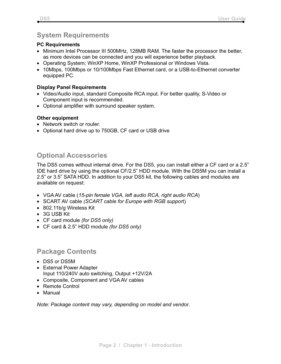 System requirements, Optional accessories, Package contents | Microsoft DS5 User Manual | Page 4 / 62