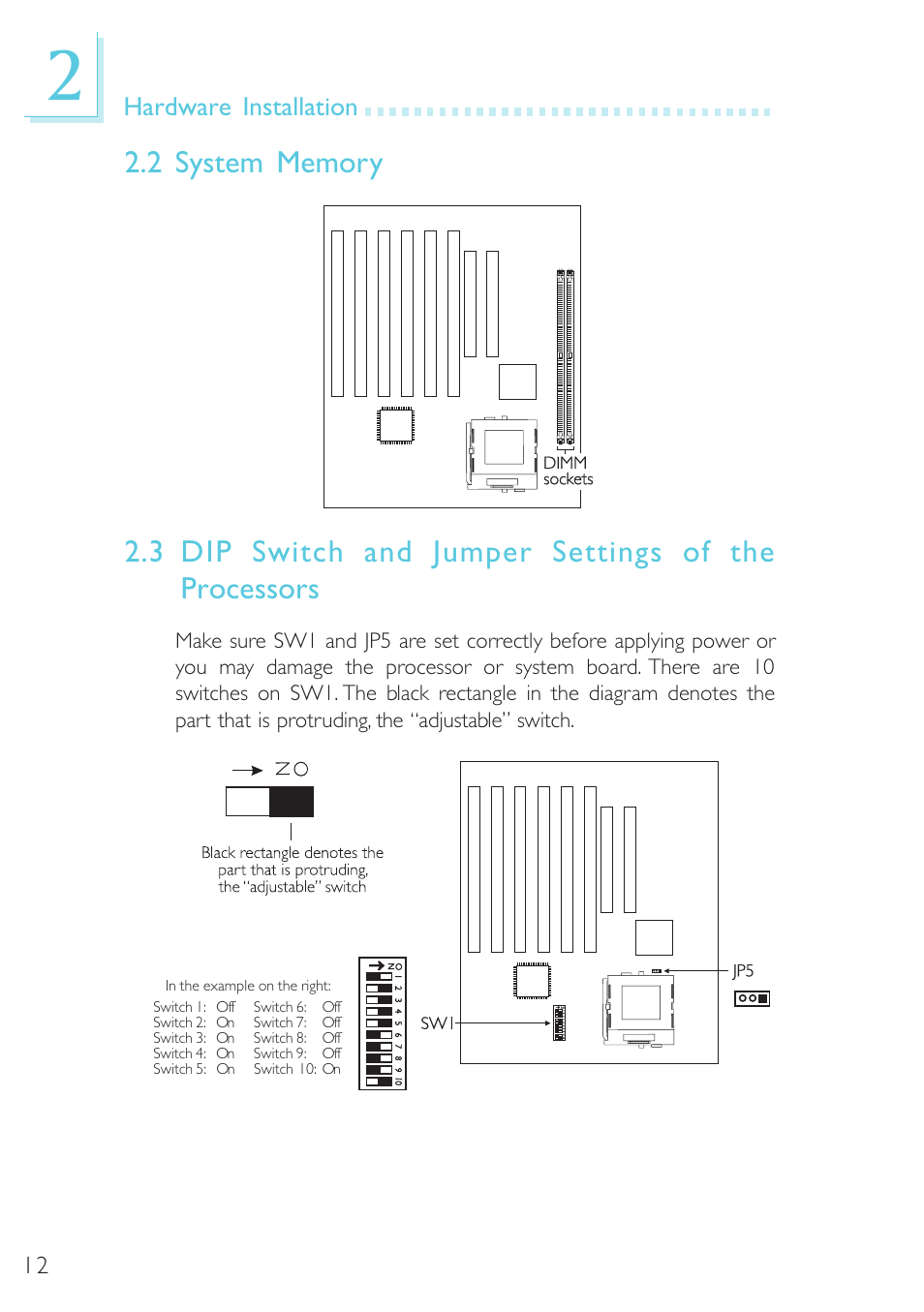 System memory, Dip switch and jumper settings of the processors, 2 system memory | 3 dip switch and jumper settings of the processors | Microsoft G7VP2 User Manual | Page 12 / 70