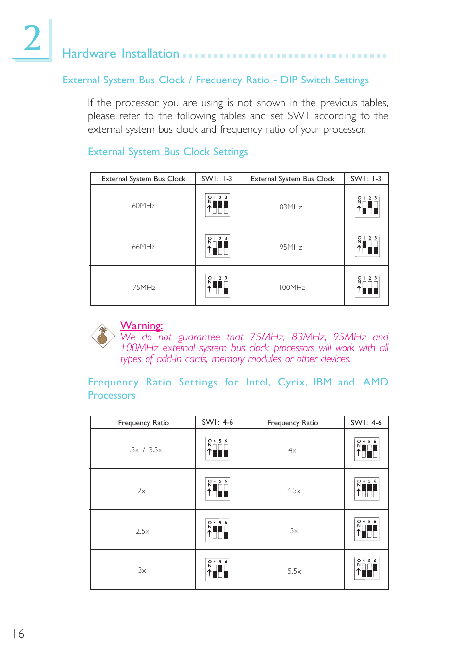 External system bus clock settings, Hardware installation | Microsoft G7VP2 User Manual | Page 16 / 70
