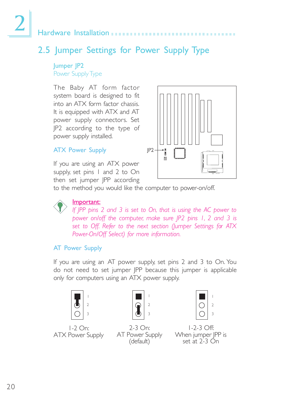 Jumper settings for power supply type, 5 jumper settings for power supply type, Hardware installation | Microsoft G7VP2 User Manual | Page 20 / 70