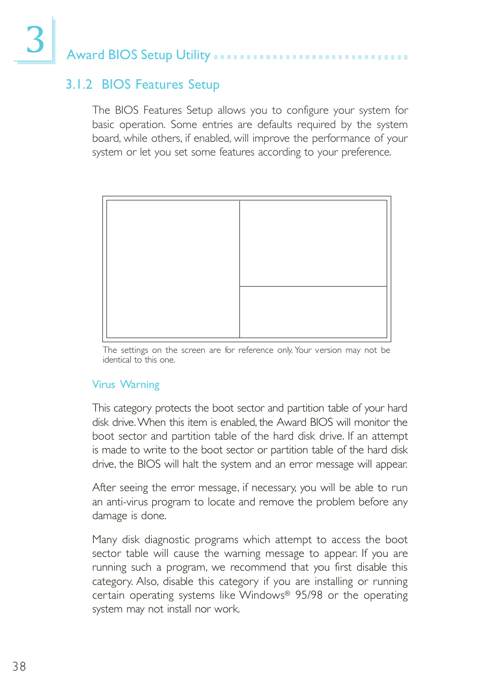 Bios features setup, Award bios setup utility 3.1.2 bios features setup | Microsoft G7VP2 User Manual | Page 38 / 70