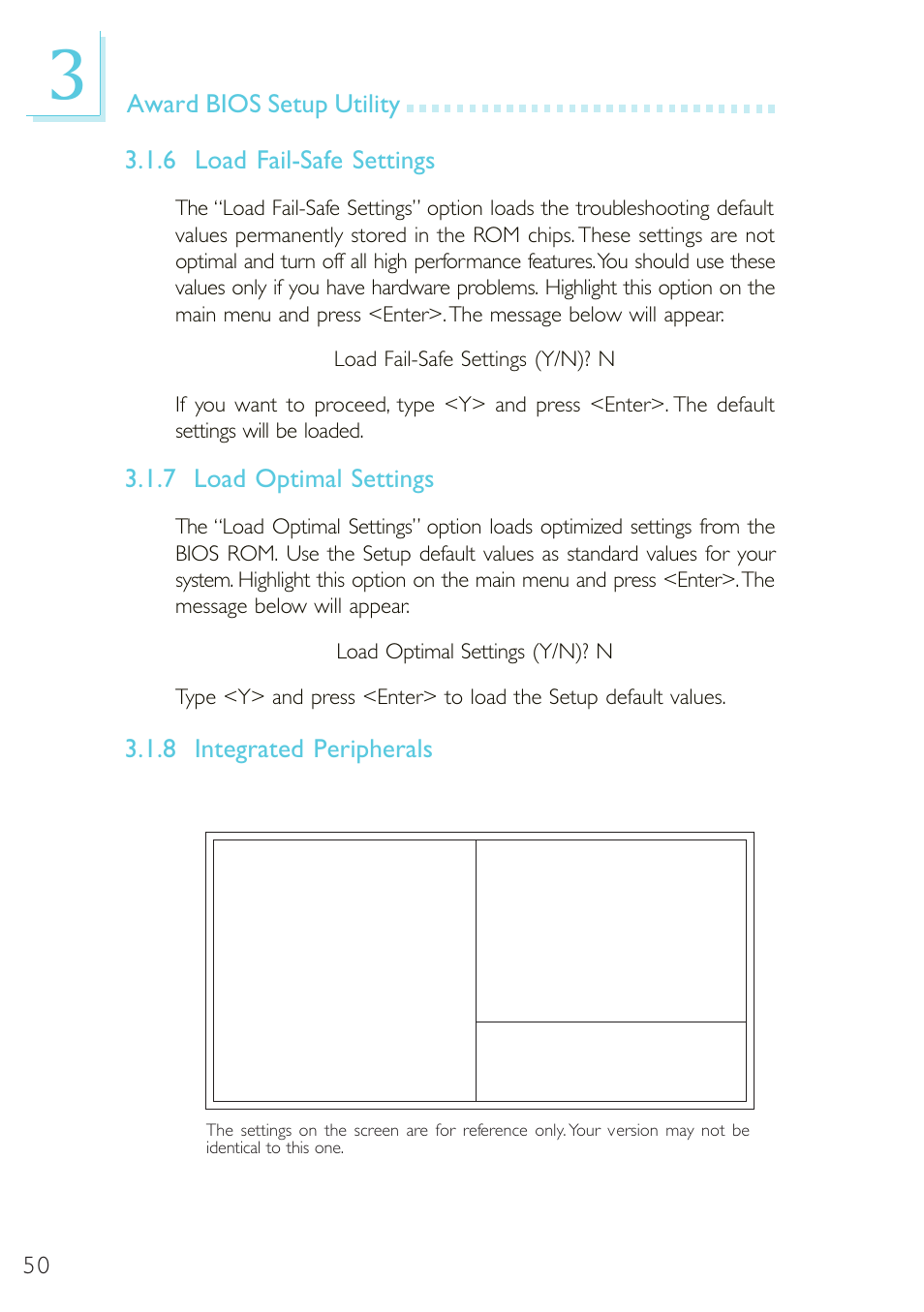 Load fail-safe settings, Load optimal settings, Integrated peripherals | 6 load fail-safe settings, 7 load optimal settings | Microsoft G7VP2 User Manual | Page 50 / 70