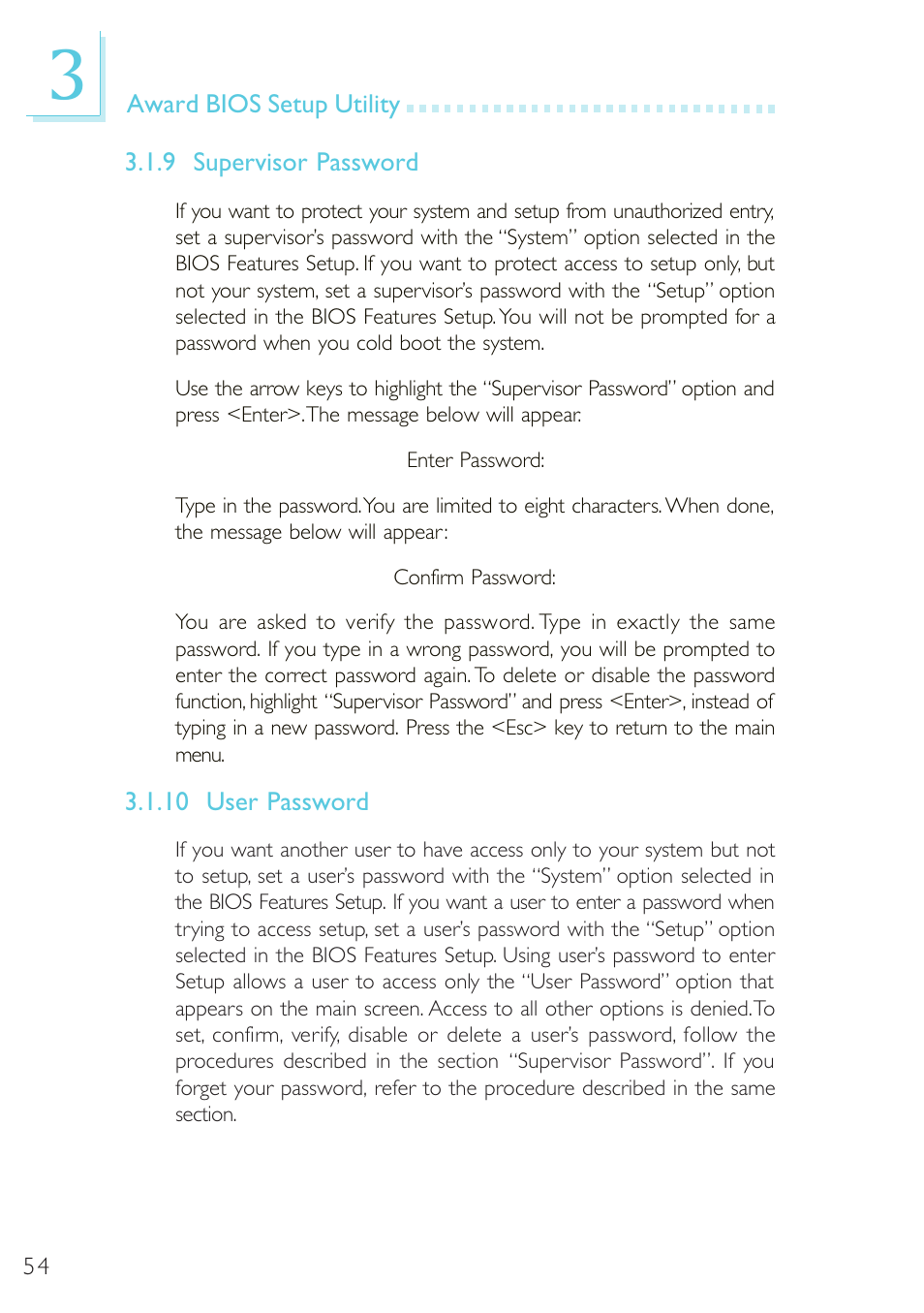 Supervisor password, User password, 10 user password | Microsoft G7VP2 User Manual | Page 54 / 70