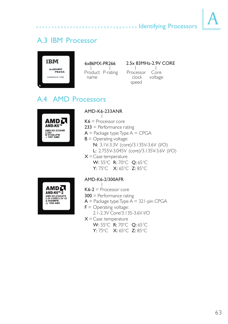 Ibm processor, Amd processors, A.3 ibm processors | A.4 amd processors, A.4 amd processors a.3 ibm processor, Identifying processors | Microsoft G7VP2 User Manual | Page 63 / 70