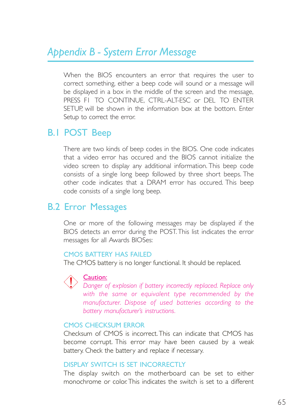 System error message, Post beep, Error messages | Appendix b - system error message, B.1 post beep, B.2 error messages | Microsoft G7VP2 User Manual | Page 65 / 70