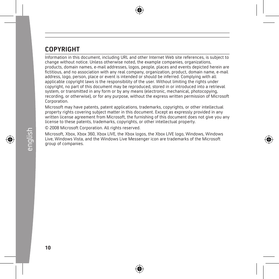 English, Copyright | Microsoft X13-68046-02 User Manual | Page 10 / 28