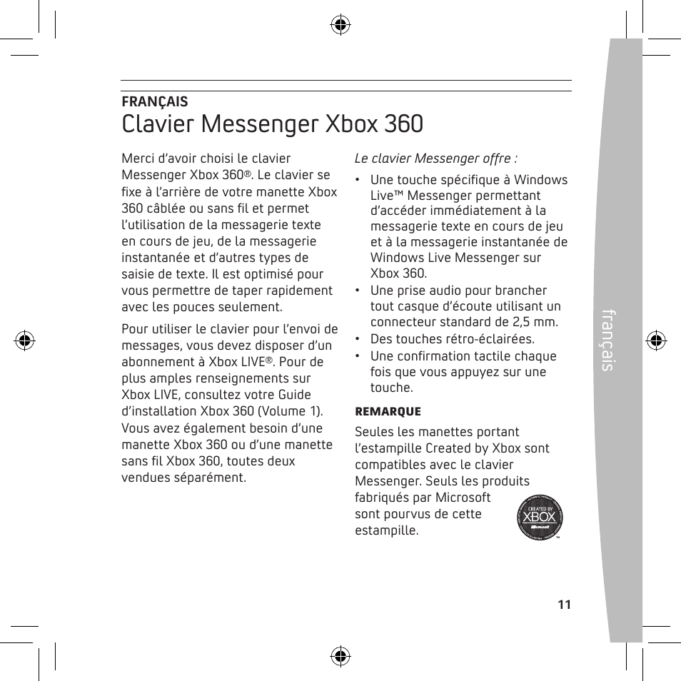 Clavier messenger xbox 360, Fr anç ais | Microsoft X13-68046-02 User Manual | Page 11 / 28