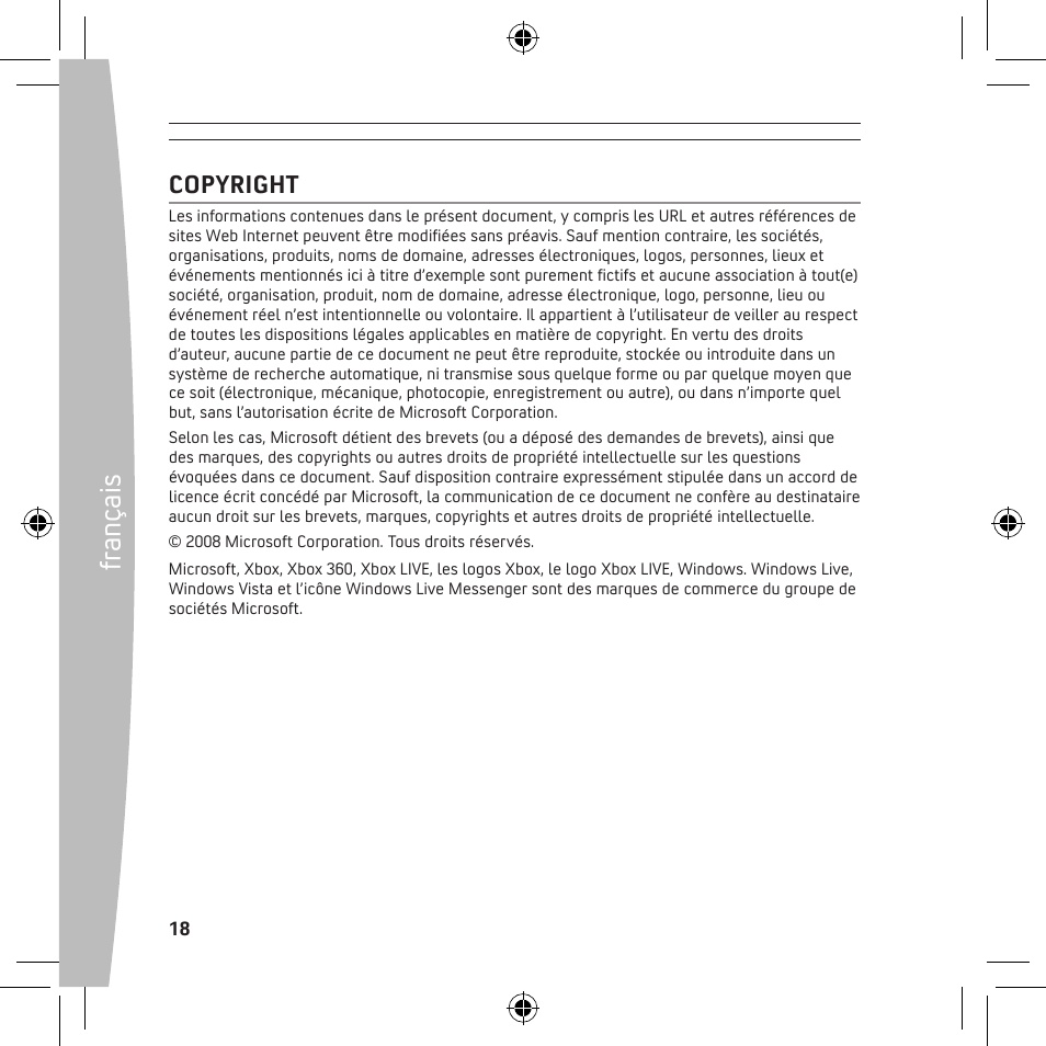 Fr anç ais, Copyright | Microsoft X13-68046-02 User Manual | Page 18 / 28