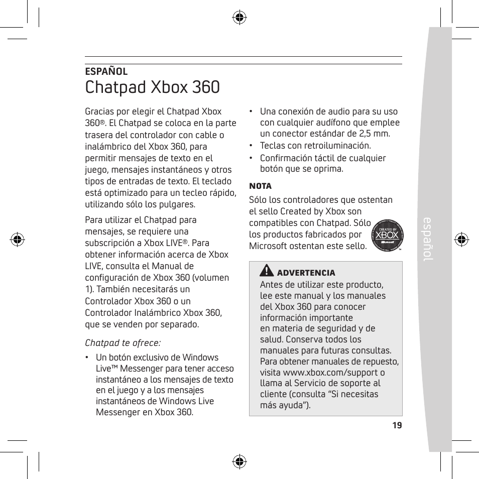 Chatpad xbox 360, Español | Microsoft X13-68046-02 User Manual | Page 19 / 28