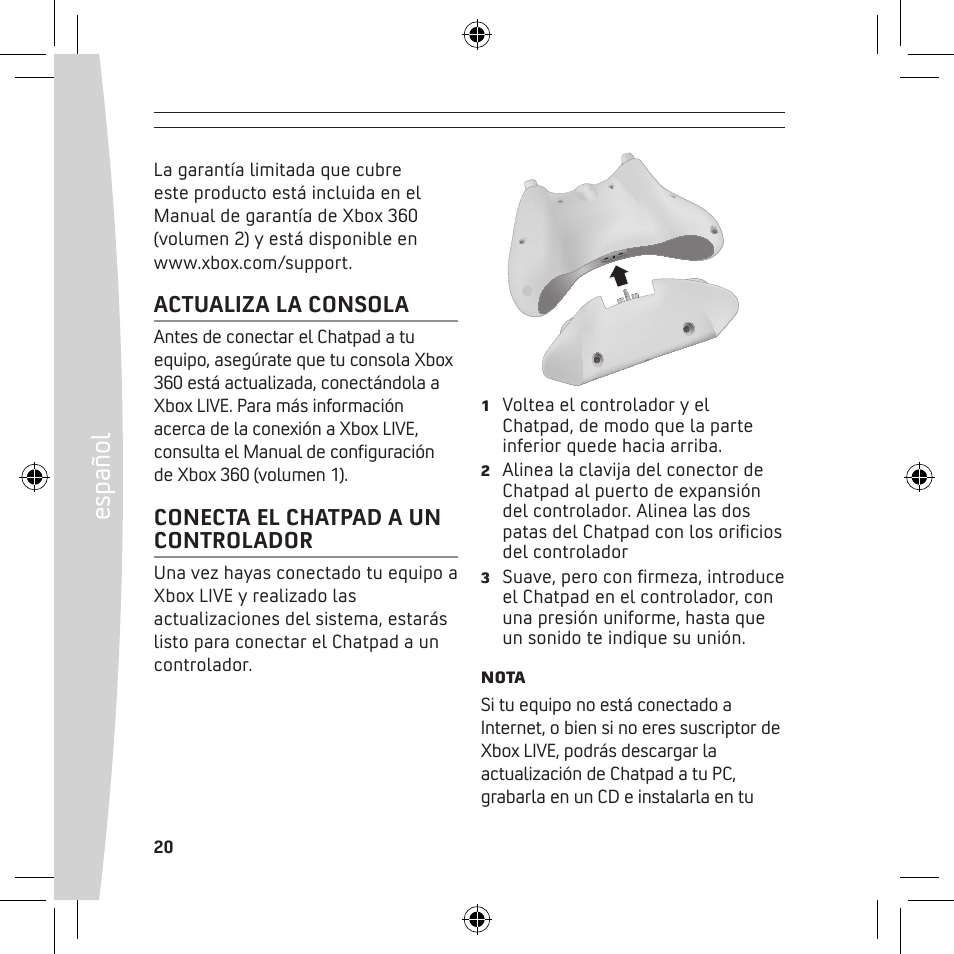 Español, Actualiza la consola, Conecta el chatpad a un controlador | Microsoft X13-68046-02 User Manual | Page 20 / 28