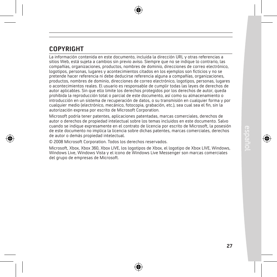 Español, Copyright | Microsoft X13-68046-02 User Manual | Page 27 / 28
