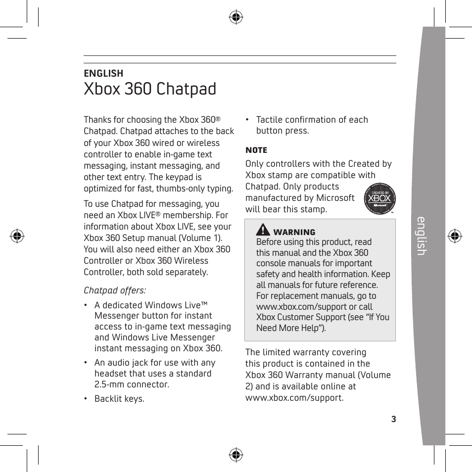 Xbox 360 chatpad, English | Microsoft X13-68046-02 User Manual | Page 3 / 28