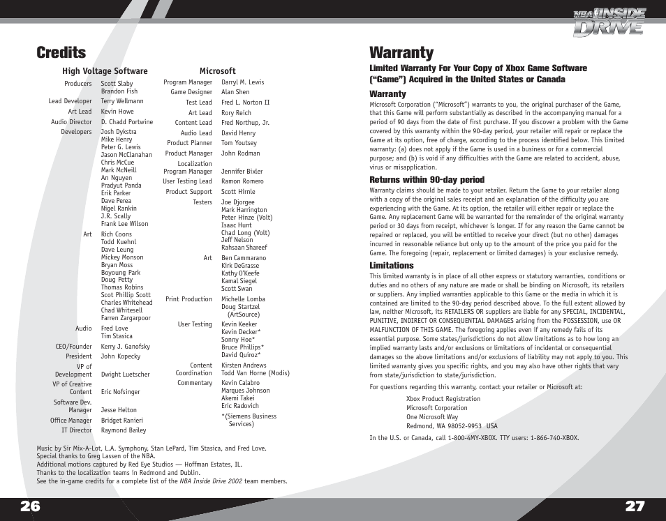 Warranty, Credits | Microsoft X08-40995 User Manual | Page 15 / 16