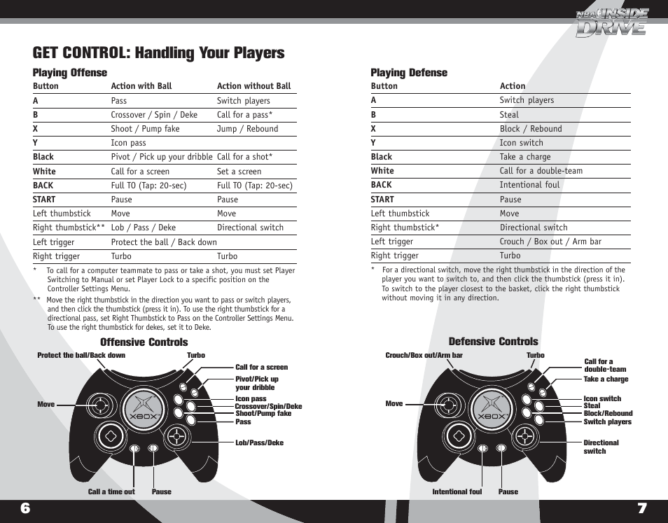 Get control: handling your players, Playing defense, Defensive controls | Playing offense, Offensive controls | Microsoft X08-40995 User Manual | Page 5 / 16
