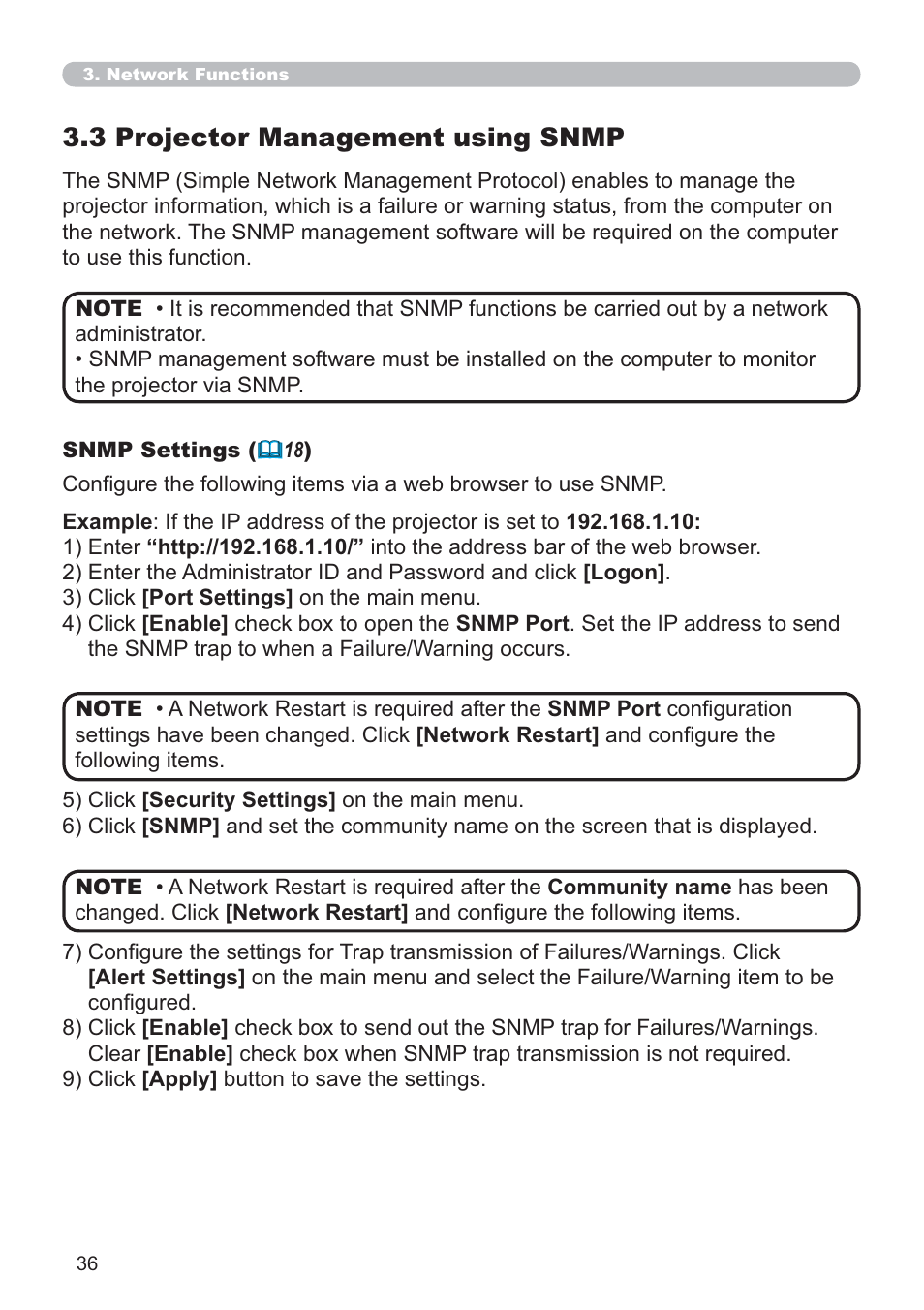 3 projector management using snmp | Microsoft CP-D31N User Manual | Page 36 / 52
