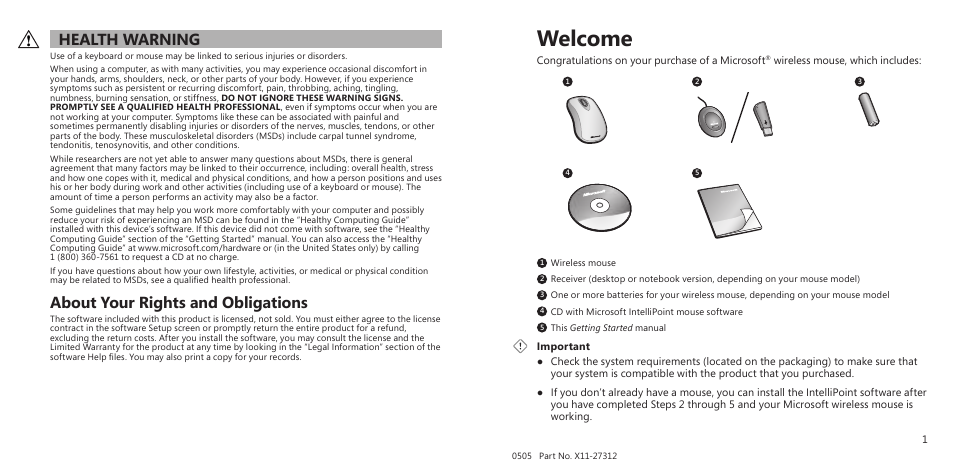 Welcome, Health warning, About your rights and obligations | Microsoft X11-27312 User Manual | Page 2 / 8