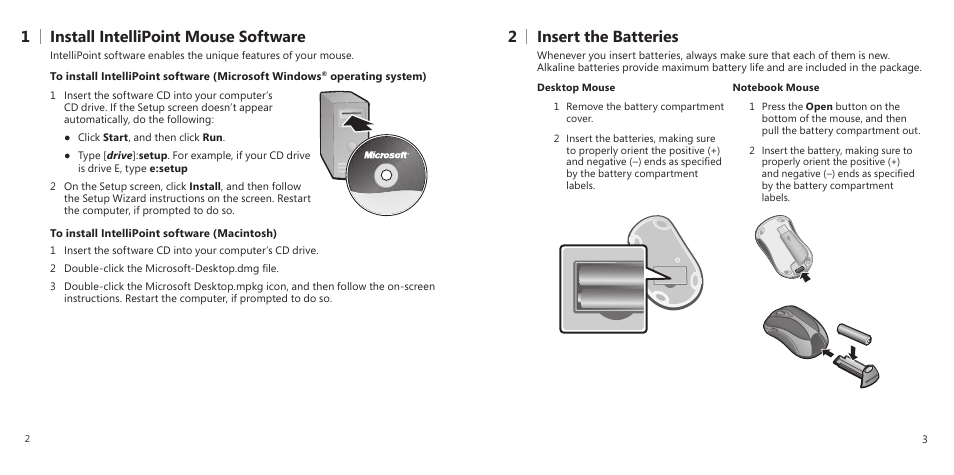 1 install intellipoint mouse software, 2 insert the batteries | Microsoft X11-27312 User Manual | Page 3 / 8