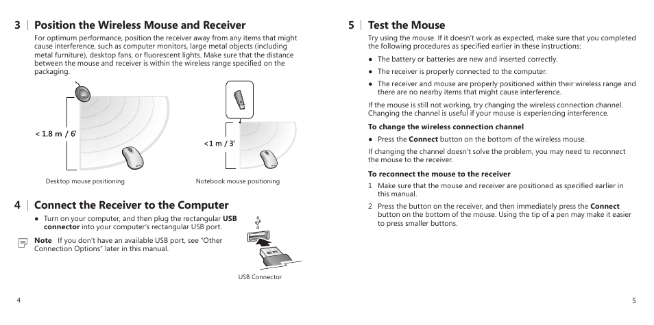 3 position the wireless mouse and receiver, 4 connect the receiver to the computer, 5 test the mouse | Microsoft X11-27312 User Manual | Page 4 / 8