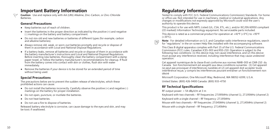 Important battery information, Regulatory information | Microsoft X11-27312 User Manual | Page 7 / 8