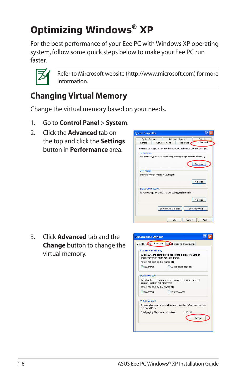 Optimizing windows® xp, Changing virtual memory, Optimizing windows | Asus Eee PC 2G/Linux User Manual | Page 10 / 24