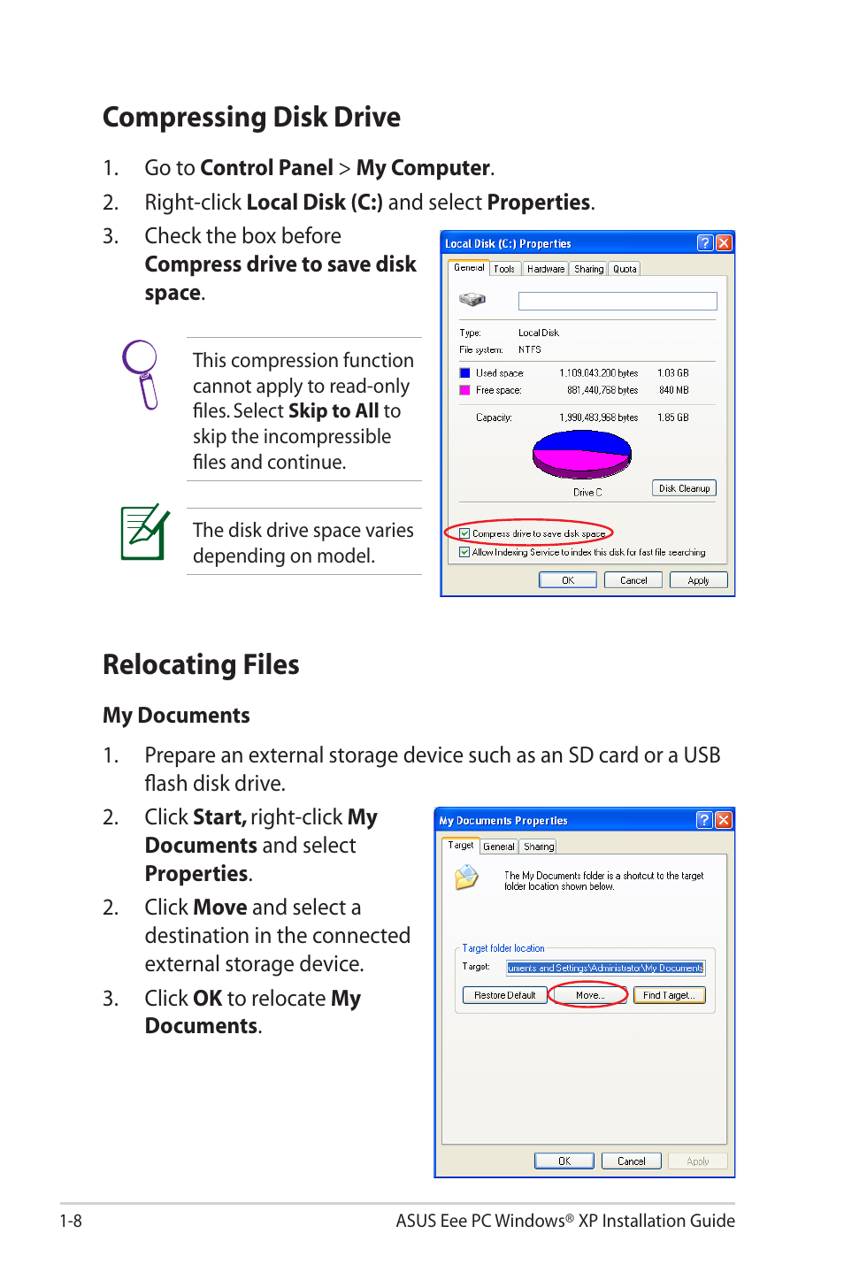 Compressing disk drive, Relocating files | Asus Eee PC 2G/Linux User Manual | Page 12 / 24