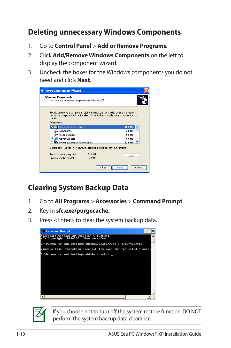 Deleting unnecessary windows components, Clearing system backup data | Asus Eee PC 2G/Linux User Manual | Page 14 / 24