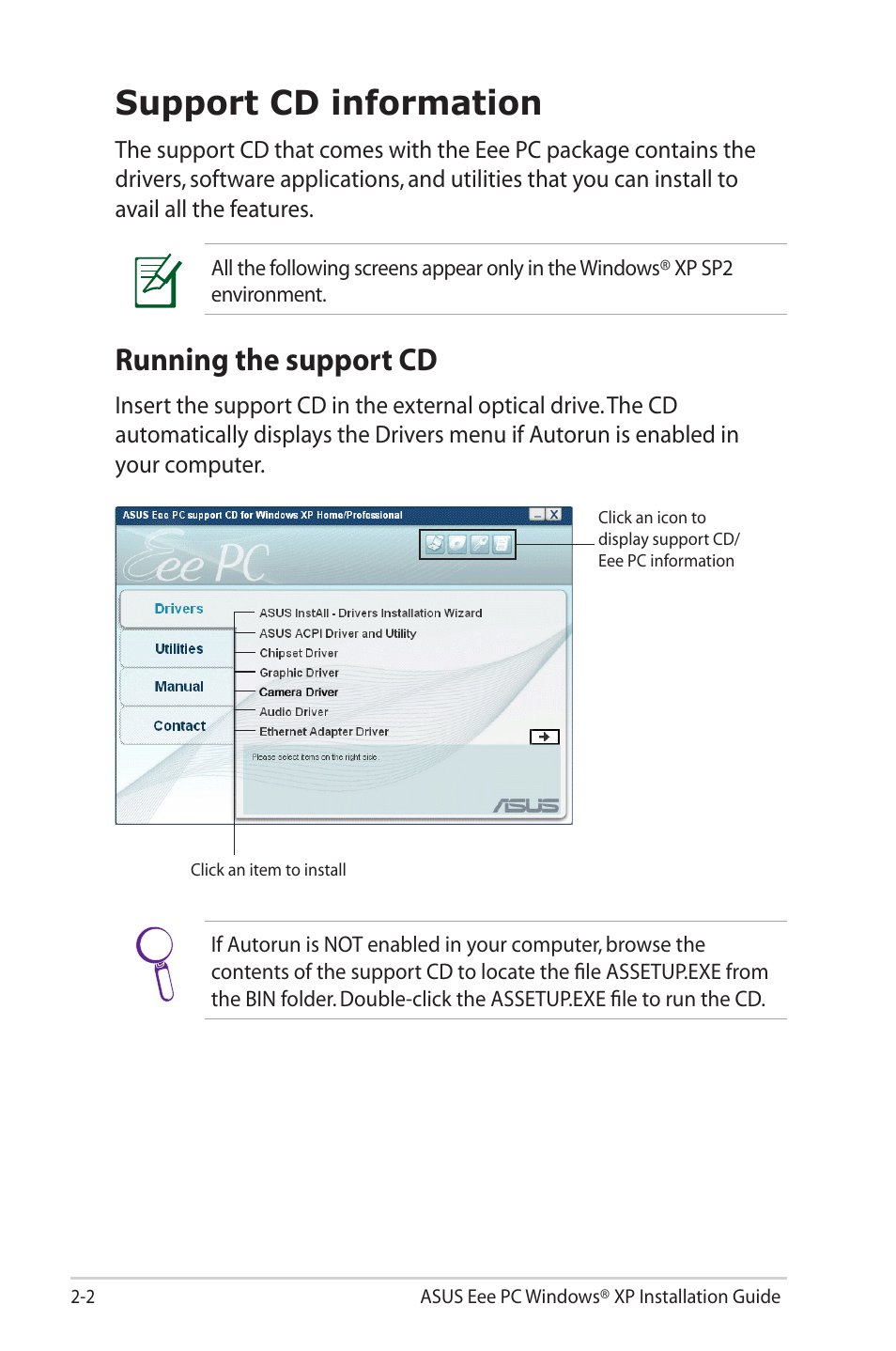 Support cd information, Running the support cd | Asus Eee PC 2G/Linux User Manual | Page 18 / 24