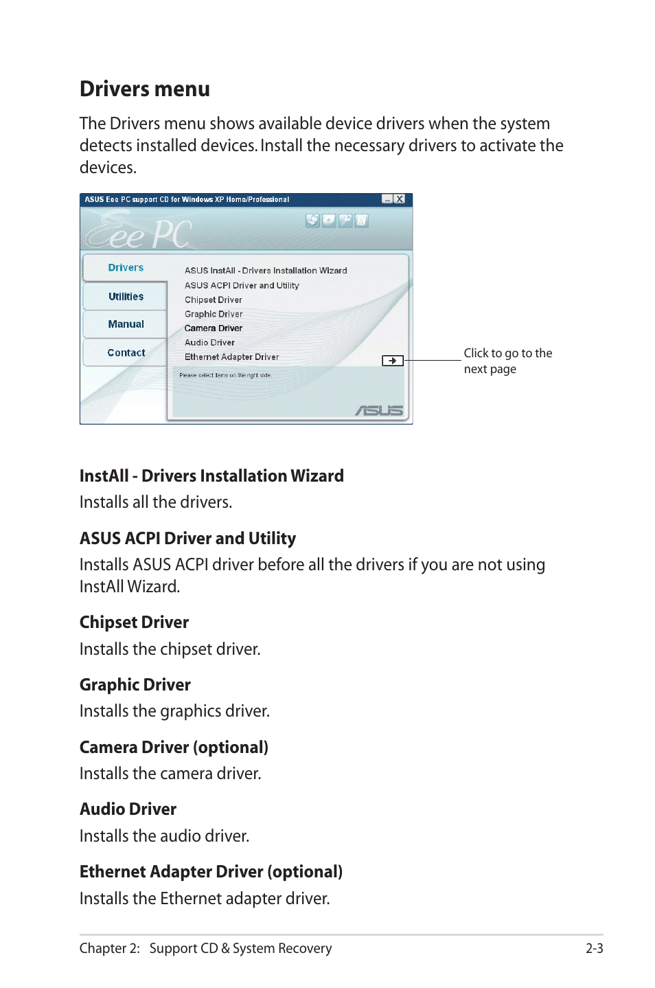 Drivers menu | Asus Eee PC 2G/Linux User Manual | Page 19 / 24