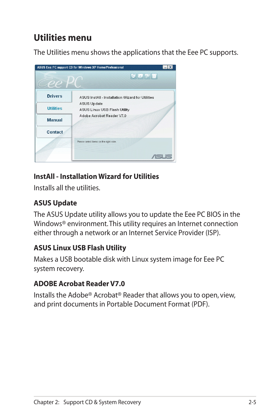 Utilities menu | Asus Eee PC 2G/Linux User Manual | Page 21 / 24