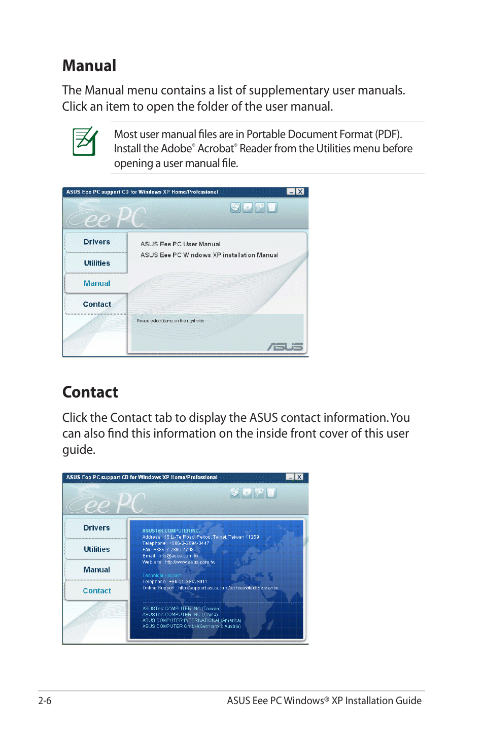 Manual, Contact | Asus Eee PC 2G/Linux User Manual | Page 22 / 24