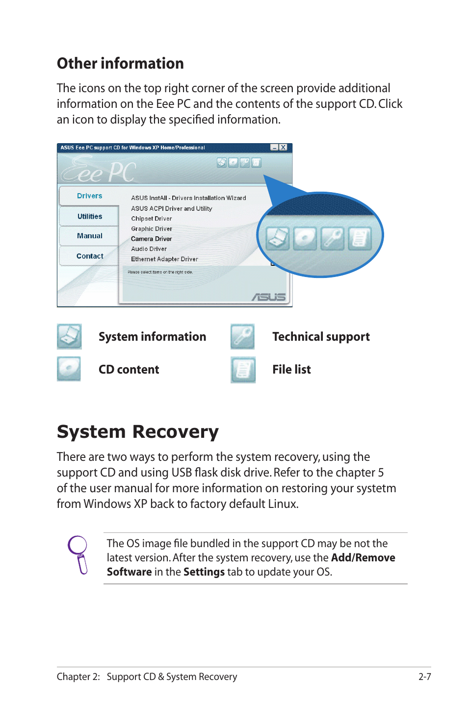 Contact, Other information, System recovery | Asus Eee PC 2G/Linux User Manual | Page 23 / 24