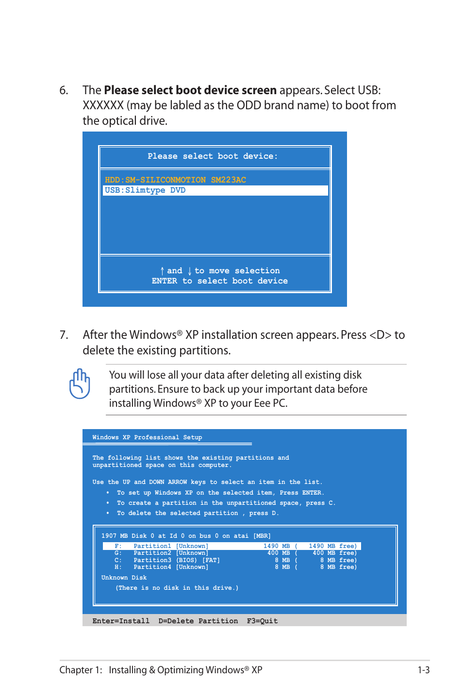 Chapter 1: installing & optimizing windows® xp 1-3 | Asus Eee PC 2G/Linux User Manual | Page 7 / 24