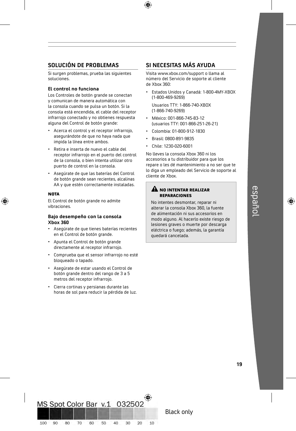 Es pa ño l, Black only | Microsoft ICES-003 User Manual | Page 20 / 26