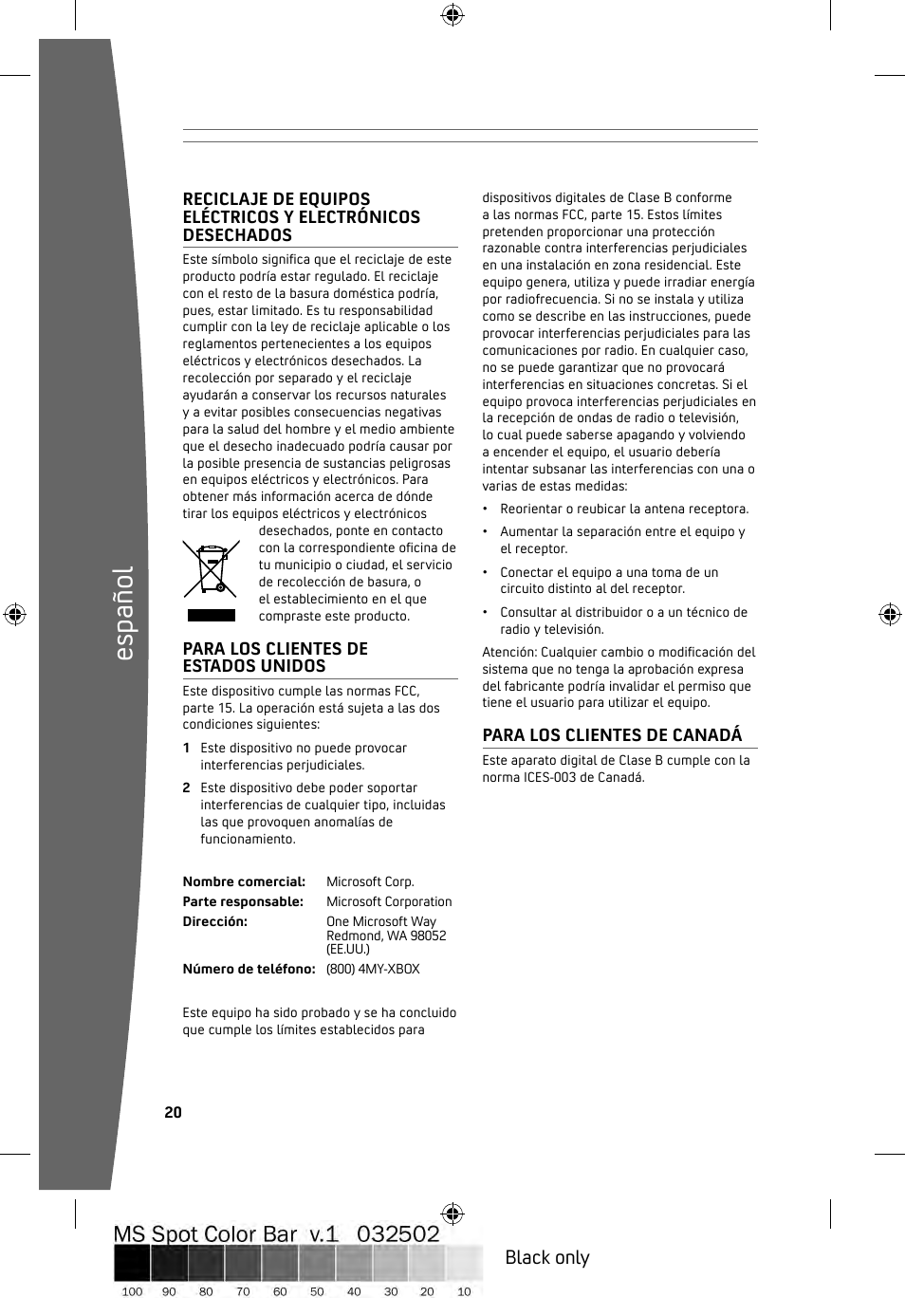Es pa ño l, Black only | Microsoft ICES-003 User Manual | Page 21 / 26