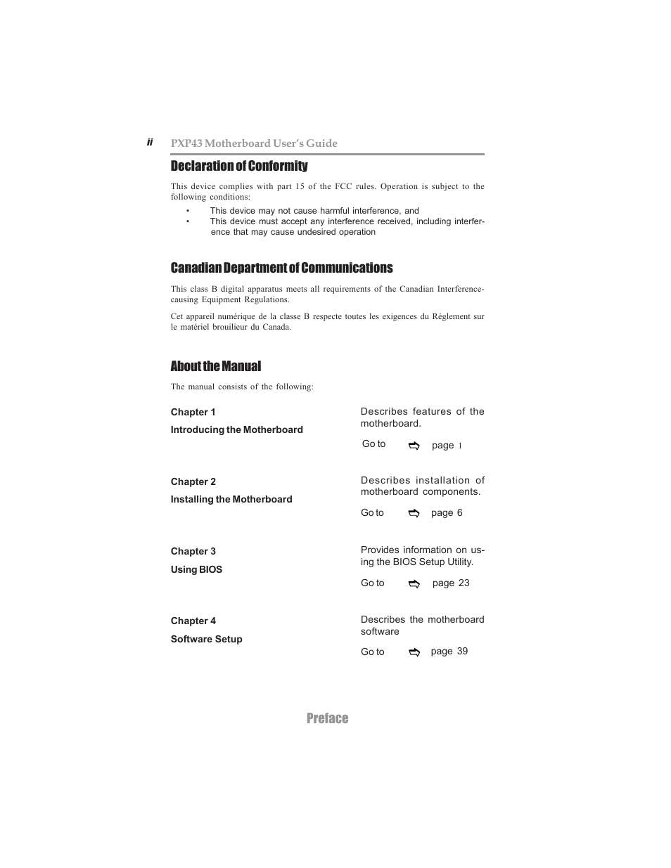 Preface, Declaration of conformity, Canadian department of communications | About the manual | Microsoft MOTHERBOARD USER'S GUIDE PXP43 User Manual | Page 2 / 46