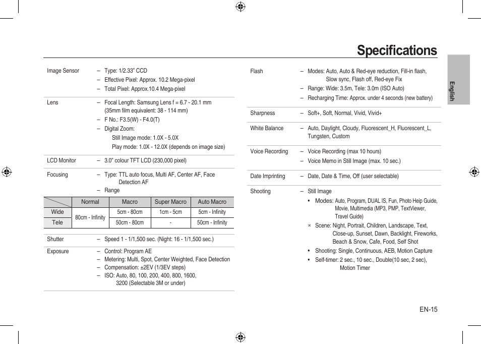 Speciﬁcations | Samsung I100 User Manual | Page 15 / 56