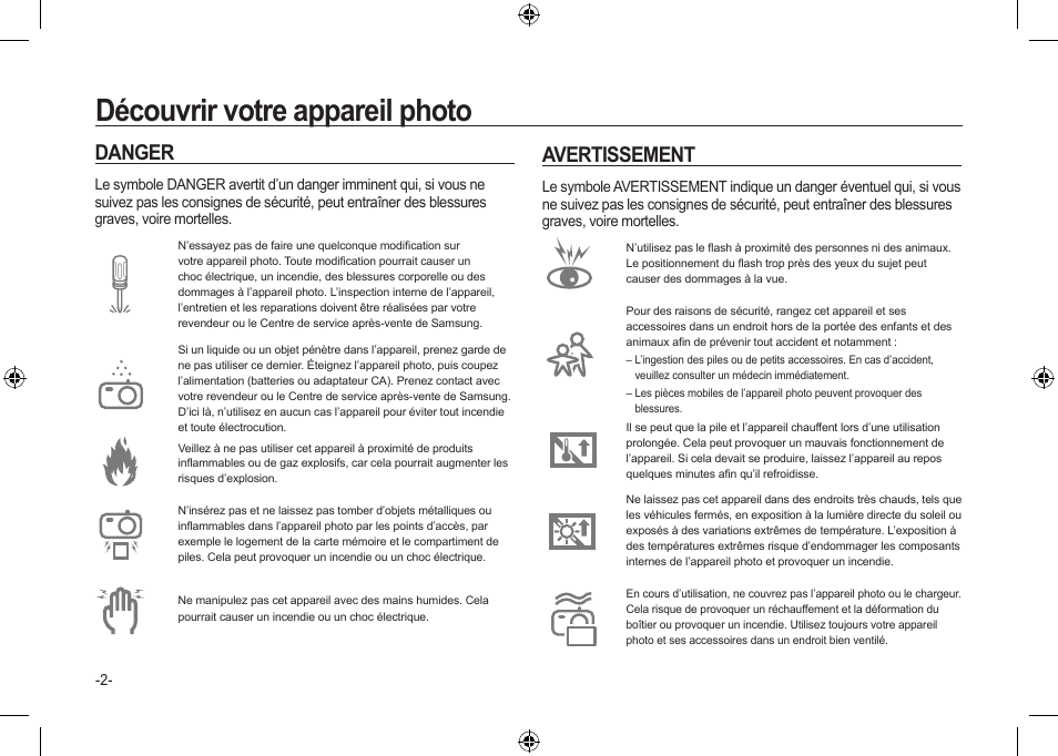 Découvrir votre appareil photo, Danger avertissement | Samsung I100 User Manual | Page 22 / 56