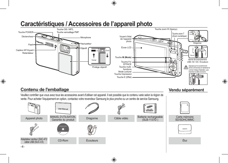 Caractéristiques / accessoires de l’appareil photo, Contenu de l'emballage, Vendu séparément | Samsung I100 User Manual | Page 24 / 56