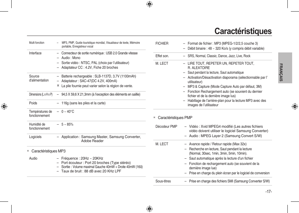 Caractéristiques | Samsung I100 User Manual | Page 37 / 56