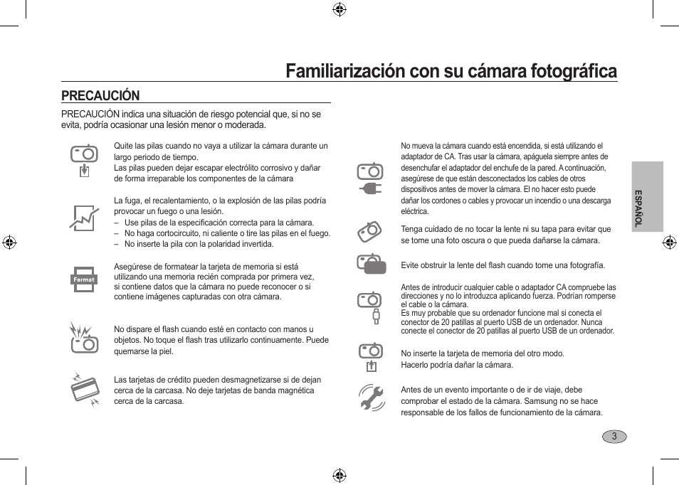 Familiarización con su cámara fotográﬁca, Precaución | Samsung I100 User Manual | Page 41 / 56