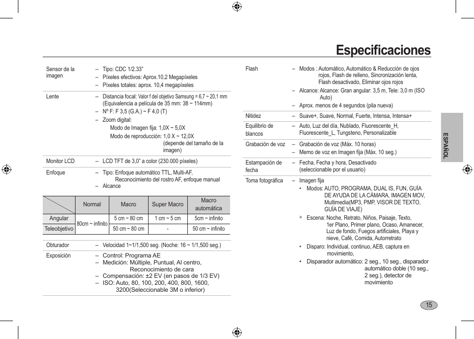 Especiﬁcaciones | Samsung I100 User Manual | Page 53 / 56