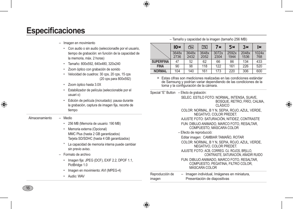 Especiﬁcaciones | Samsung I100 User Manual | Page 54 / 56