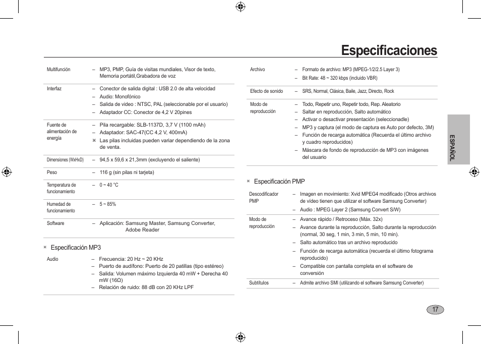 Especiﬁcaciones | Samsung I100 User Manual | Page 55 / 56